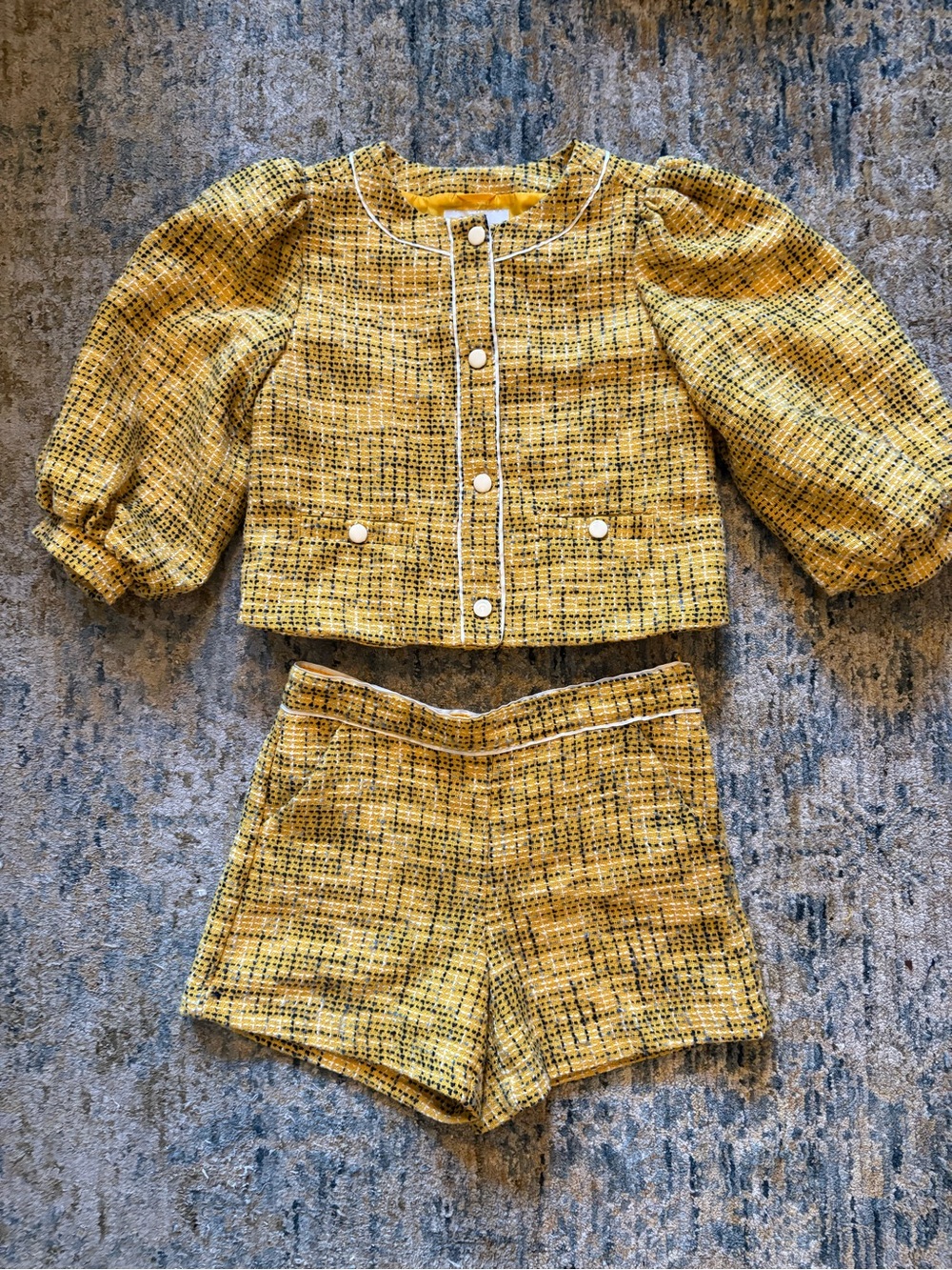 Janie and Jack Girls Yellow Tweed 3/4 Puff-Sleeve Jacket & Shorts Set Size 10/12